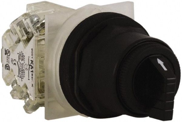 Schneider Electric 9001SKS43BH13 Selector Switch: 3 Positions, Maintained (MA), 600Vac, 10 Amp, Black Knob & Push Button Image