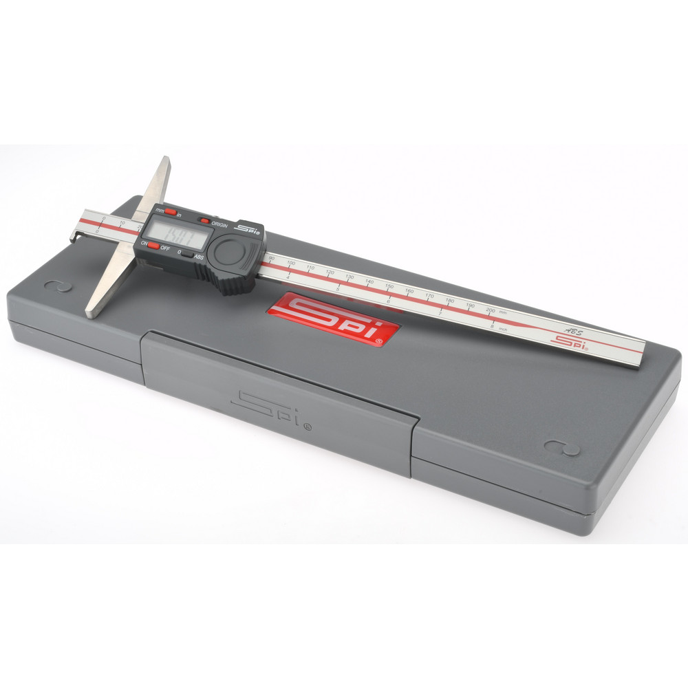 0mm to 200mm ABS Plastic (Case) Electronic Depth Gage - 0.03mm Accuracy, 0.01mm Resolution, 4" Base Length, NIST Traceability Certification