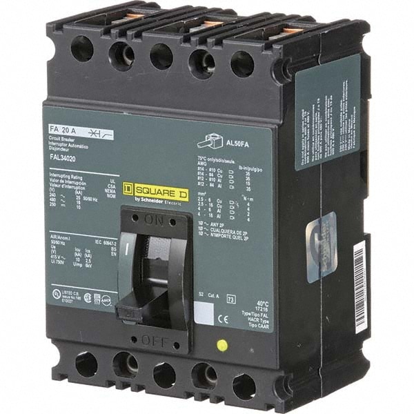 Square D FAL34020 20 Amp, 250 VDC, 480 VAC, 3 Pole, Panel Mount Molded Case Circuit Breaker Image