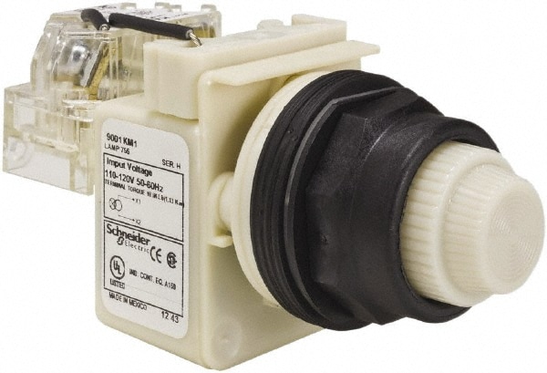 Schneider Electric 9001SKT1W31 110 VAC at 50/60 Hz via Transformer, 120 VAC at 50/60 Hz via Transformer White Lens Press-to-Test Indicating Light Image