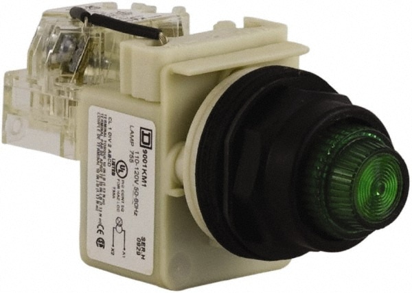 Schneider Electric 9001SKT1G31 110 VAC at 50/60 Hz via Transformer, 120 VAC at 50/60 Hz via Transformer Green Lens Press-to-Test Indicating Light Image