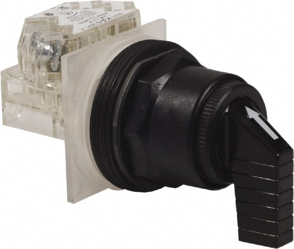 Schneider Electric 9001SKS53FBH13 Selector Switch: 3 Positions, Momentary (MO), 600Vac, 10 Amp, Black Knob & Push Button Image