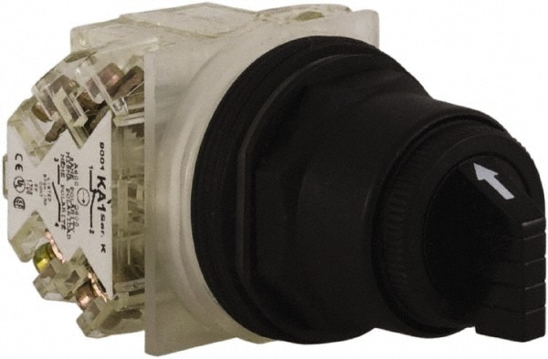 Schneider Electric 9001SKS42BH2 Selector Switch: 3 Positions, Maintained (MA), 600Vac, 10 Amp, Black Knob & Push Button Image