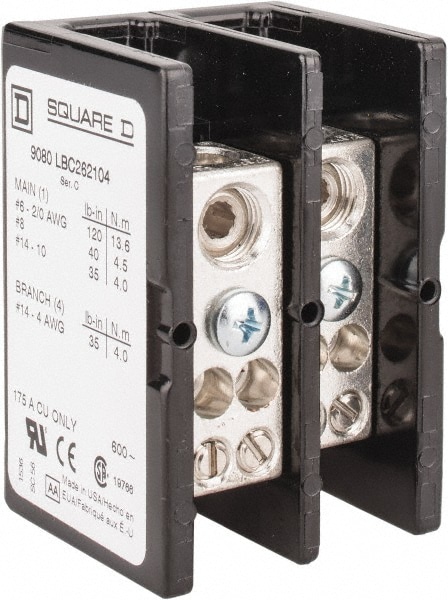 Square D 9080LBC262104 2 Poles, 175 (Copper) Amp, Phenolic Power Distribution Block Image