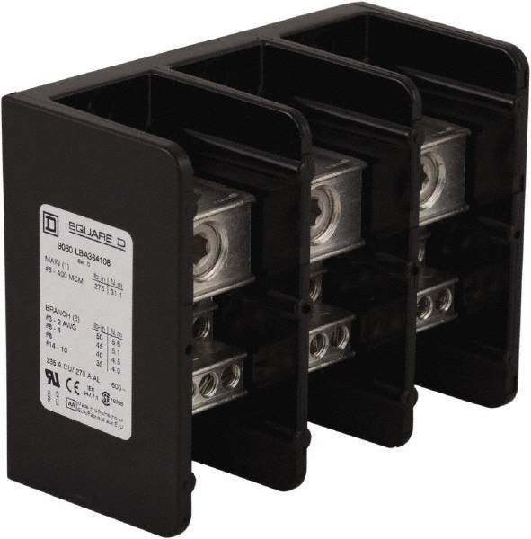 3 Poles, 270 (Aluminium), 335 (Copper) Amp, Phenolic Power Distribution Block - 600 VAC, 1 Primary Connection