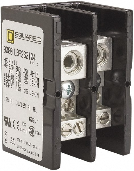 Square D 9080LBA262104 2 Poles, 135 (Aluminium), 175 (Copper) Amp, Phenolic Power Distribution Block Image