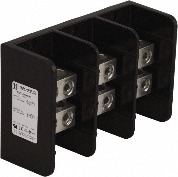 3 Poles, 500 (Aluminium), 620 (Copper) Amp, Phenolic Power Distribution Block - 600 VAC, 2 Primary Connection