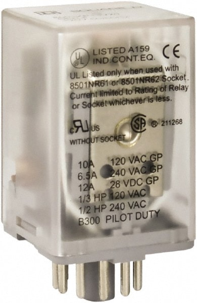 Square D 8501KP13P14V14 1/2 hp at 240 Volt & 1/3 hp at 120 Volt, Octal Electromechanical Plug-in General Purpose Relay Image