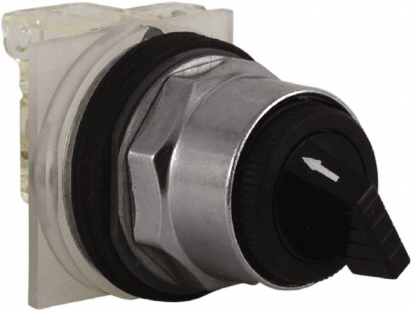 Selector Switch: 2 Positions, Maintained (MA), 600V, 10 Amp, Black Knob & Push Button