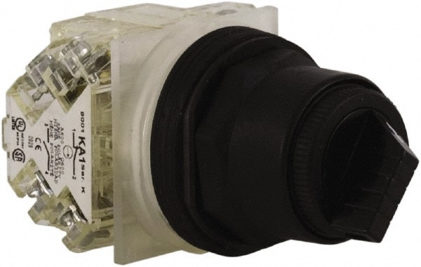 Schneider Electric 9001SKS11BH2 Selector Switch: 2 Positions, Maintained (MA), 600Vac, 10 Amp, Black Knob & Push Button Image