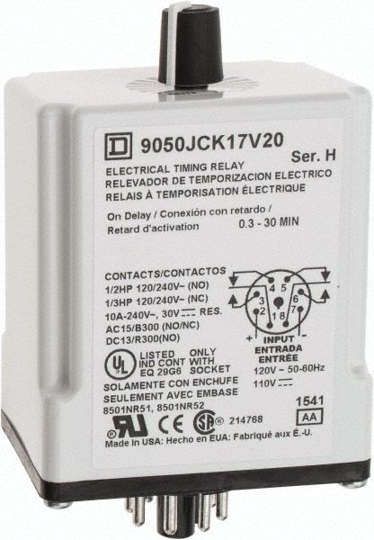 Square D 9050JCK17V20 0.3 to 30 min Delay, DPDT Time Delay Relay Image