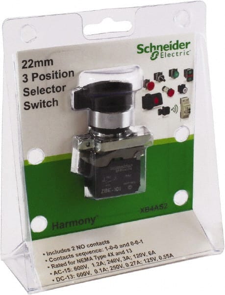Schneider Electric XB4AS2 Selector Switch with Contact Blocks: 3 Positions, Maintained (MA), Black Lever 