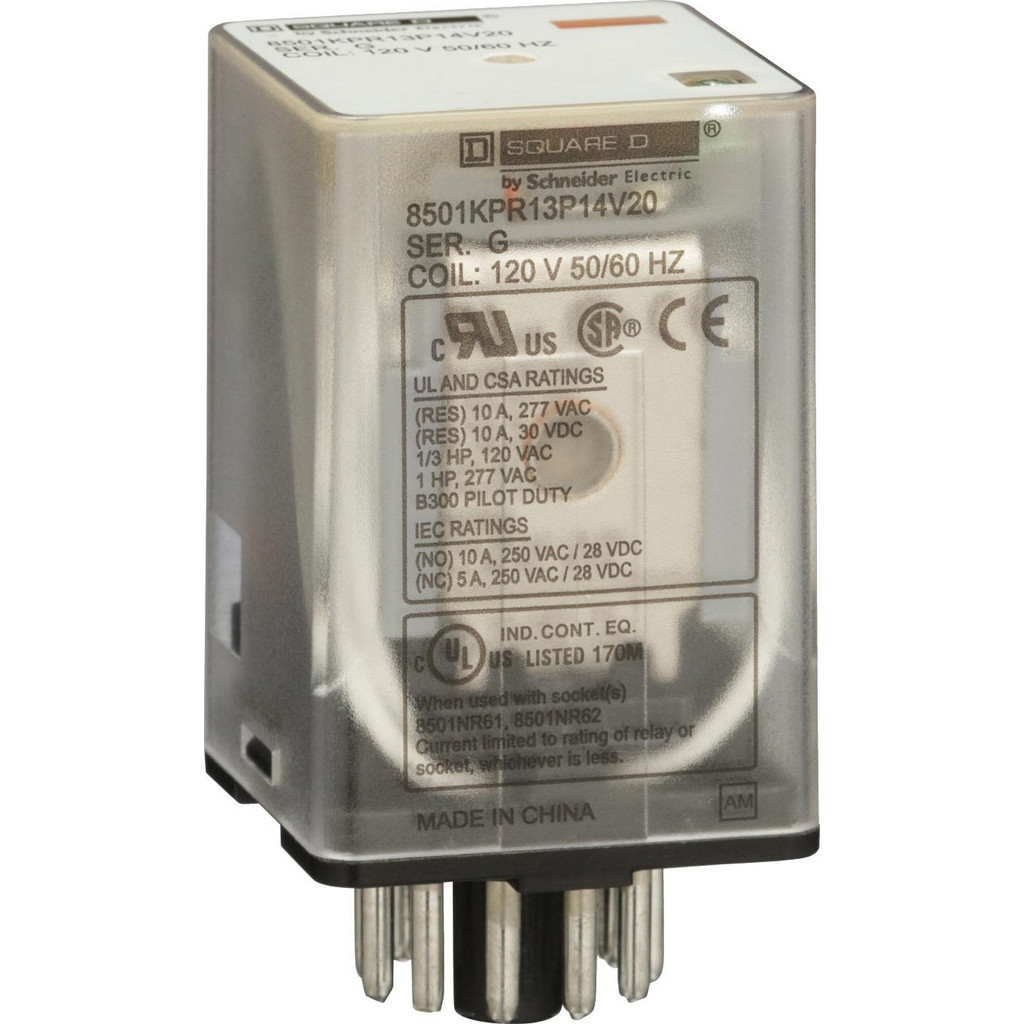 Square D 11 Pins, 1 hp at 277 Volt & 1/3 hp at 120 Volt, 3 VA Power Rating, Octal Electromechanical Plug-in General Purpose Relay - 10 Amp at 250