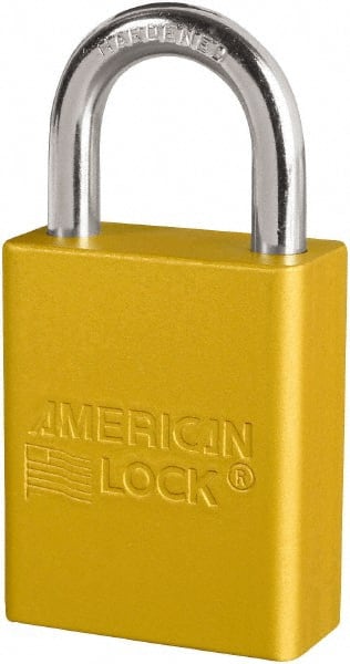 American Lock S1105YLW Lockout Padlock: Keyed Different, Key Retaining, Aluminum, 1" High, Plated Metal Shackle, Yellow 