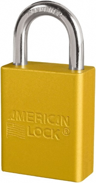 American Lock S1105YLW Lockout Padlock: Keyed Different, Key Retaining, Aluminum, 1" High, Plated Metal Shackle, Yellow Image