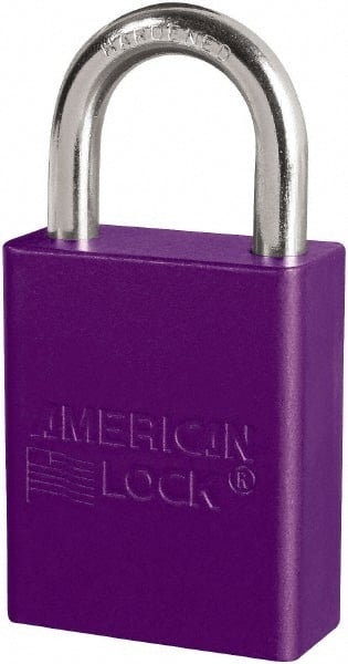 American Lock S1105PRP Lockout Padlock: Keyed Different, Key Retaining, Aluminum, 1" High, Plated Metal Shackle, Purple 