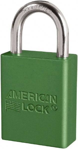 American Lock S1105GRN Lockout Padlock: Keyed Different, Key Retaining, Aluminum, 1" High, Plated Metal Shackle, Green 