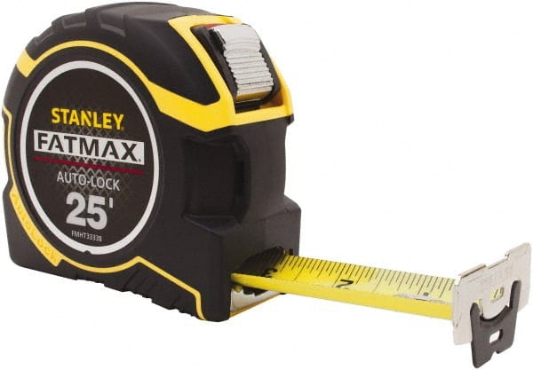 Stanley Tape Measure: 25 ft Tape Lg, 1 in Tape Wd, Plastic Case, Polymer, 7 ft Standout Lg, Auto, Yellow Tape, SAE, inch