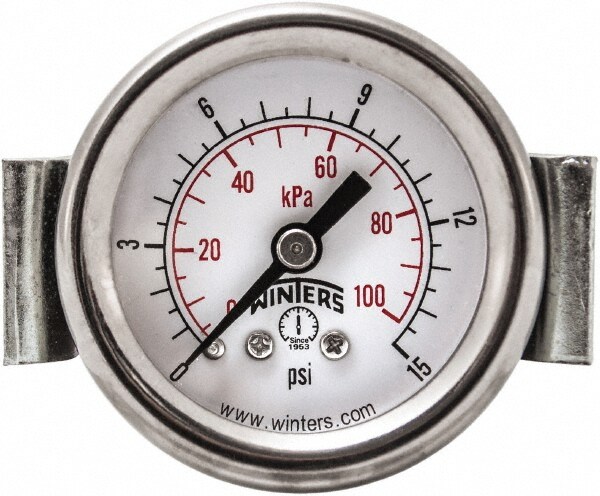 Pressure Gauge: 1-1/2" Dial, 0 to 15 psi, 1/8" Thread, NPT, Panel Mount