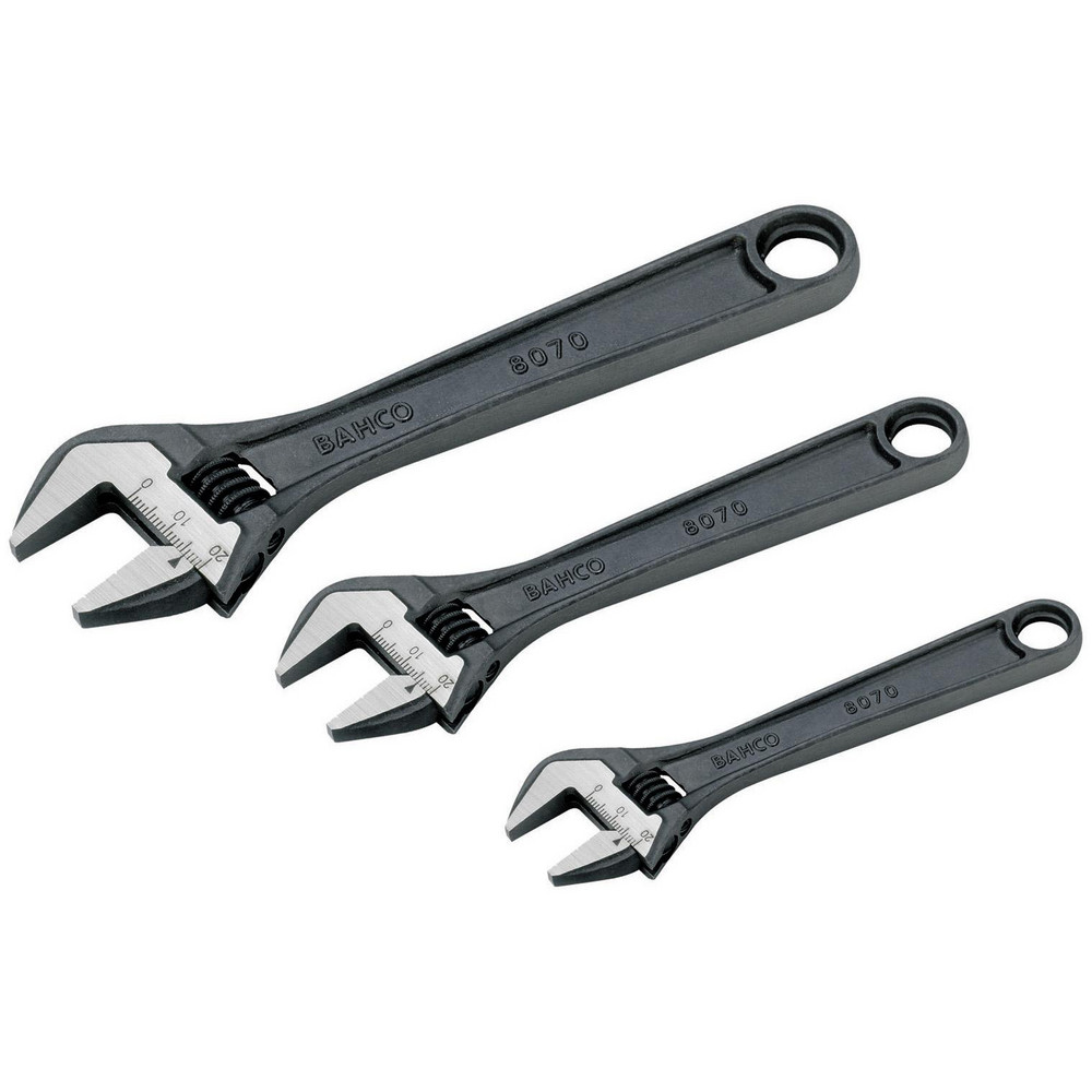 Adjustable Wrench Set: 3 Pc, 6-1/8 to 8-3/4" Wrench, Inch - 6 in to 10 in Long, 0 deg Head Offset Angle, Black Oxide Finish, Ratcheting
