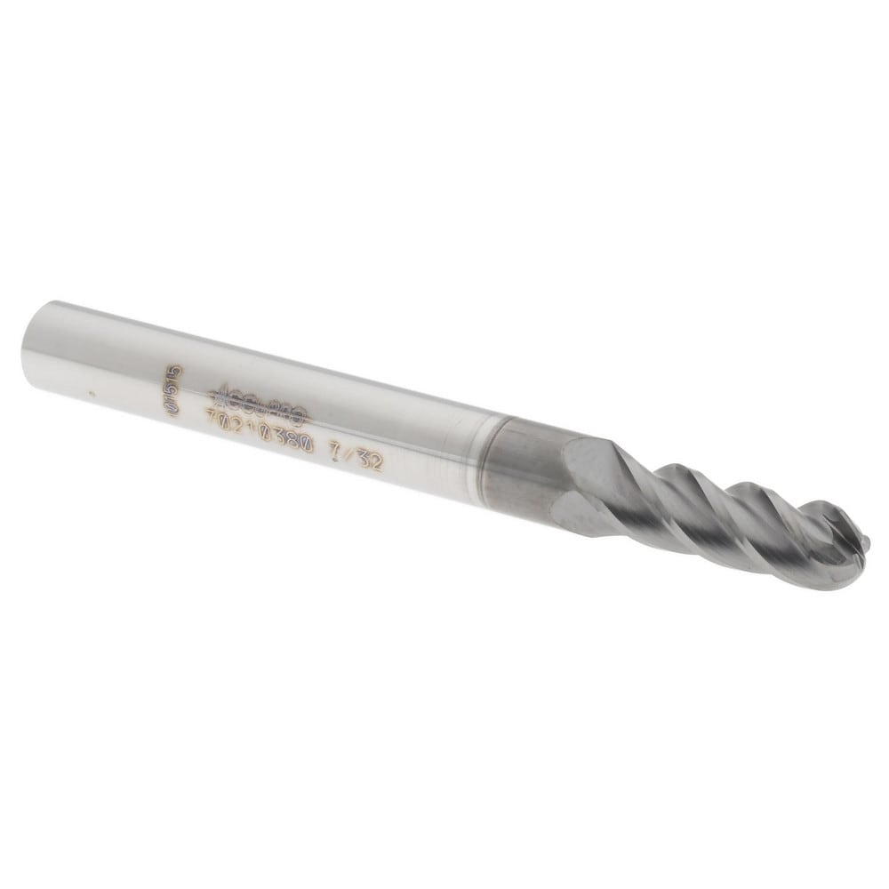 Ball End Mill: 0.2188" Dia, 0.625" LOC, 4 Flute, Solid Carbide