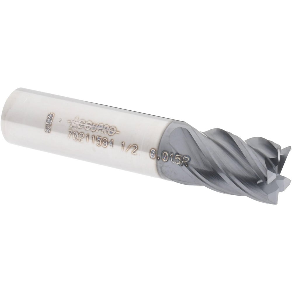 Accupro 12178656 Corner Radius End Mill: 1/2" Dia, 5/8" LOC, 0.015" Radius, 5 Flutes, Solid Carbide 