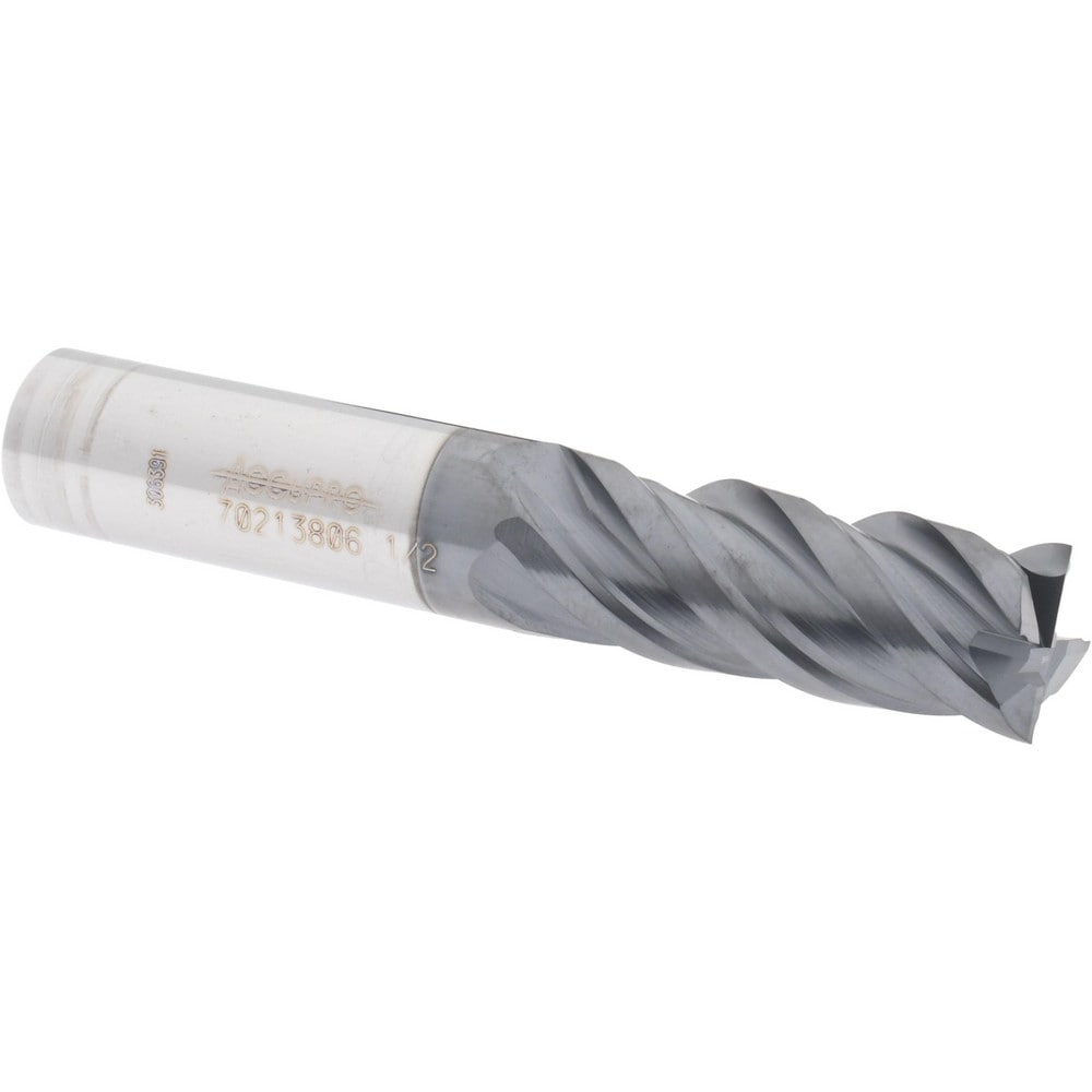 Accupro 12180451 Square End Mill: 1/2 Dia, 1-1/4 LOC, 1/2 Shank Dia, 3 OAL, 4 Flutes, Solid Carbide 