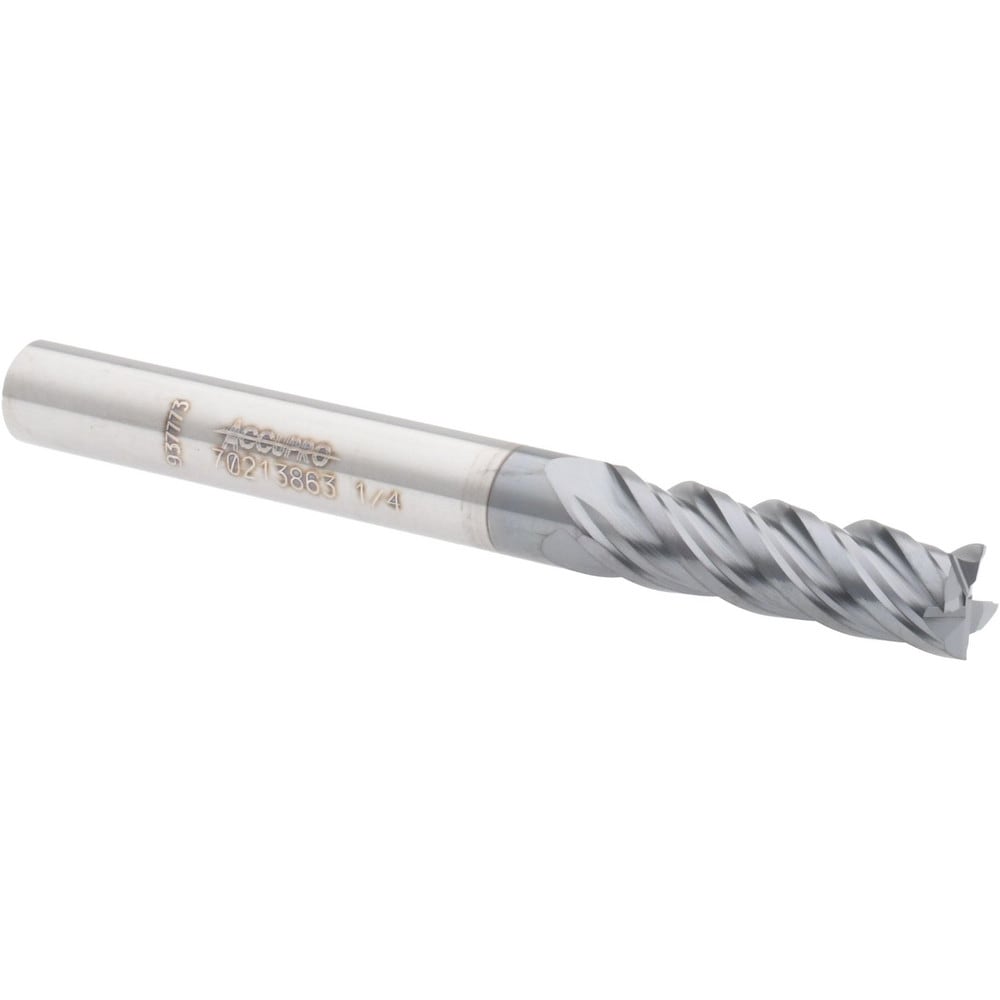 Accupro 12180427 Square End Mill: 1/4 Dia, 3/4 LOC, 1/4 Shank Dia, 2-1/2 OAL, 4 Flutes, Solid Carbide 