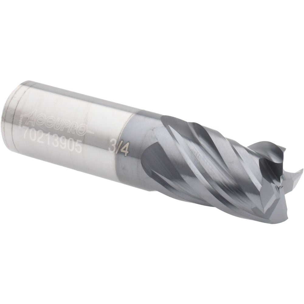 Accupro 12180471 Square End Mill: 3/4 Dia, 1 LOC, 3/4 Shank Dia, 3 OAL, 4 Flutes, Solid Carbide 