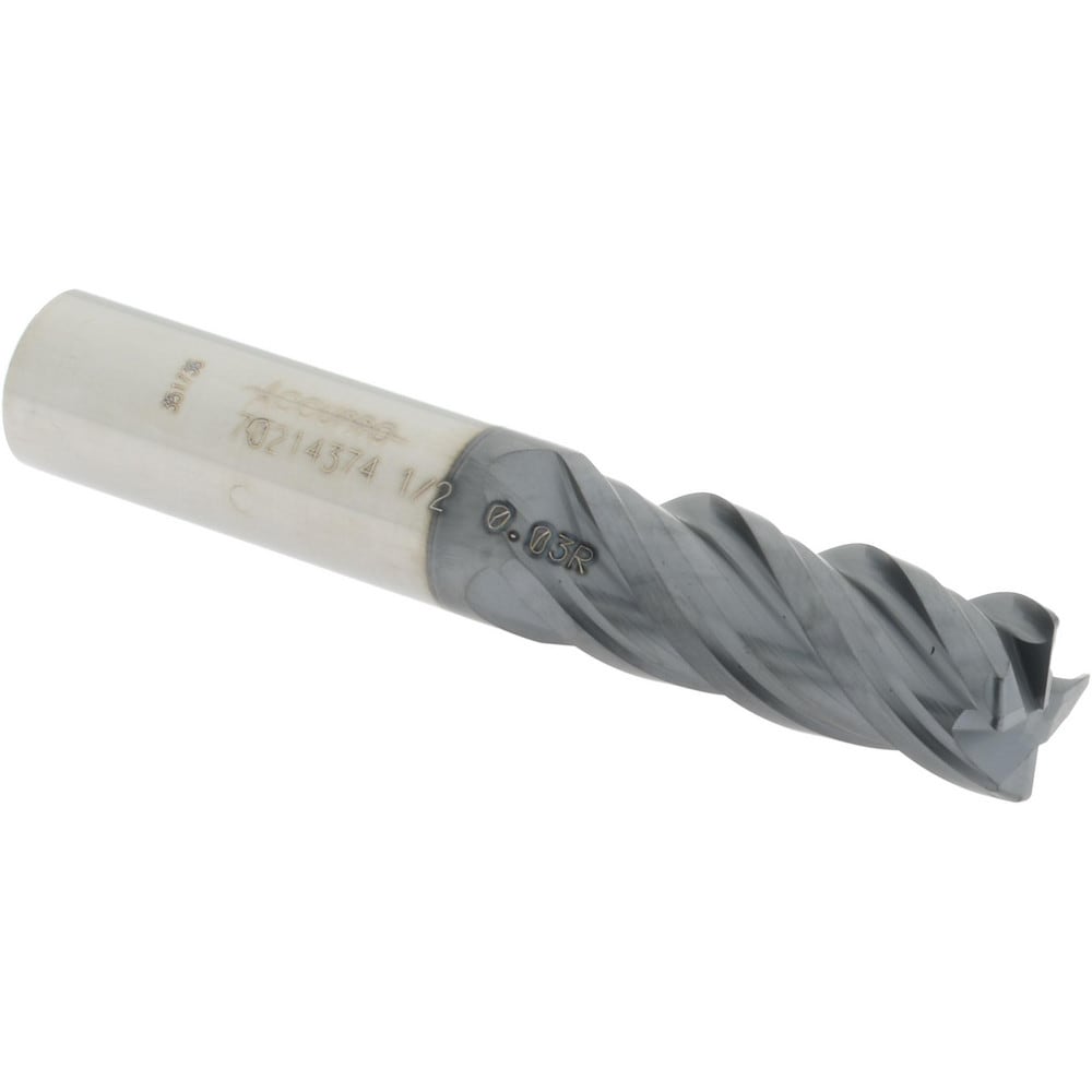 Accupro 12180602 Corner Radius End Mill: 1/2" Dia, 1-1/4" LOC, 0.03" Radius, 4 Flutes, Solid Carbide 