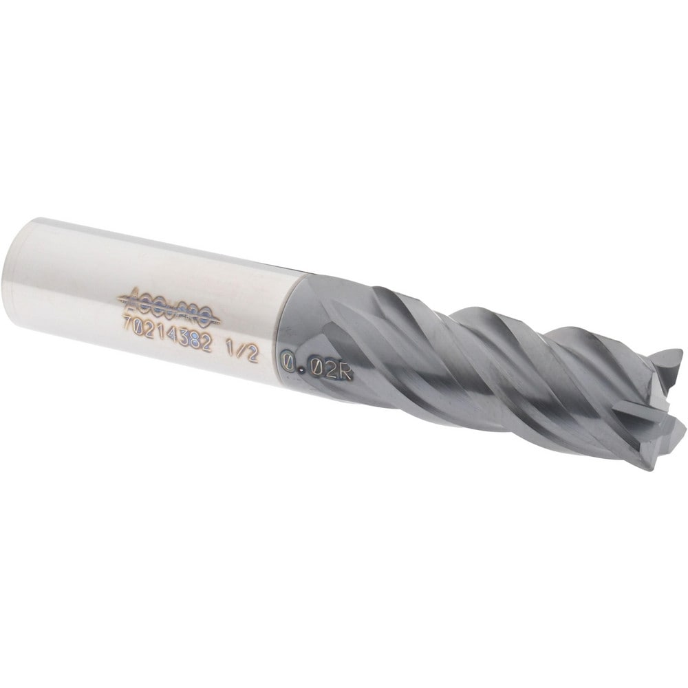 Accupro 12180576 Corner Radius End Mill: 1/2" Dia, 1-1/4" LOC, 0.02" Radius, 4 Flutes, Solid Carbide 