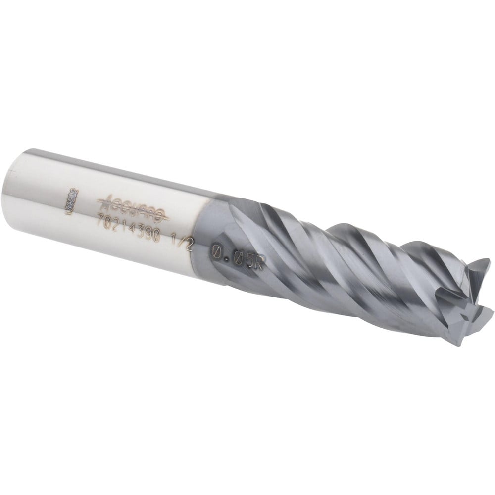 Accupro 12180533 Corner Radius End Mill: 1/2" Dia, 1-1/4" LOC, 0.015" Radius, 4 Flutes, Solid Carbide 