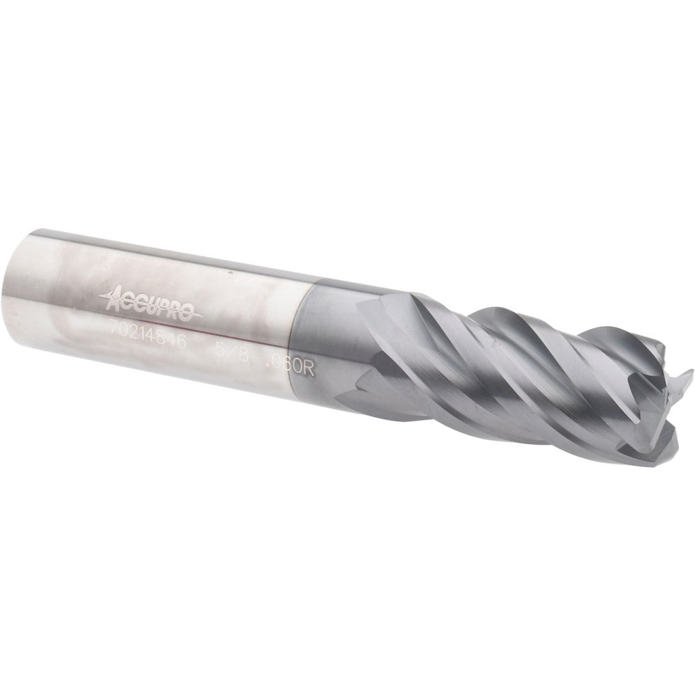 Accupro 12180640 Corner Radius End Mill: 5/8" Dia, 1-1/4" LOC, 0.06" Radius, 4 Flutes, Solid Carbide 