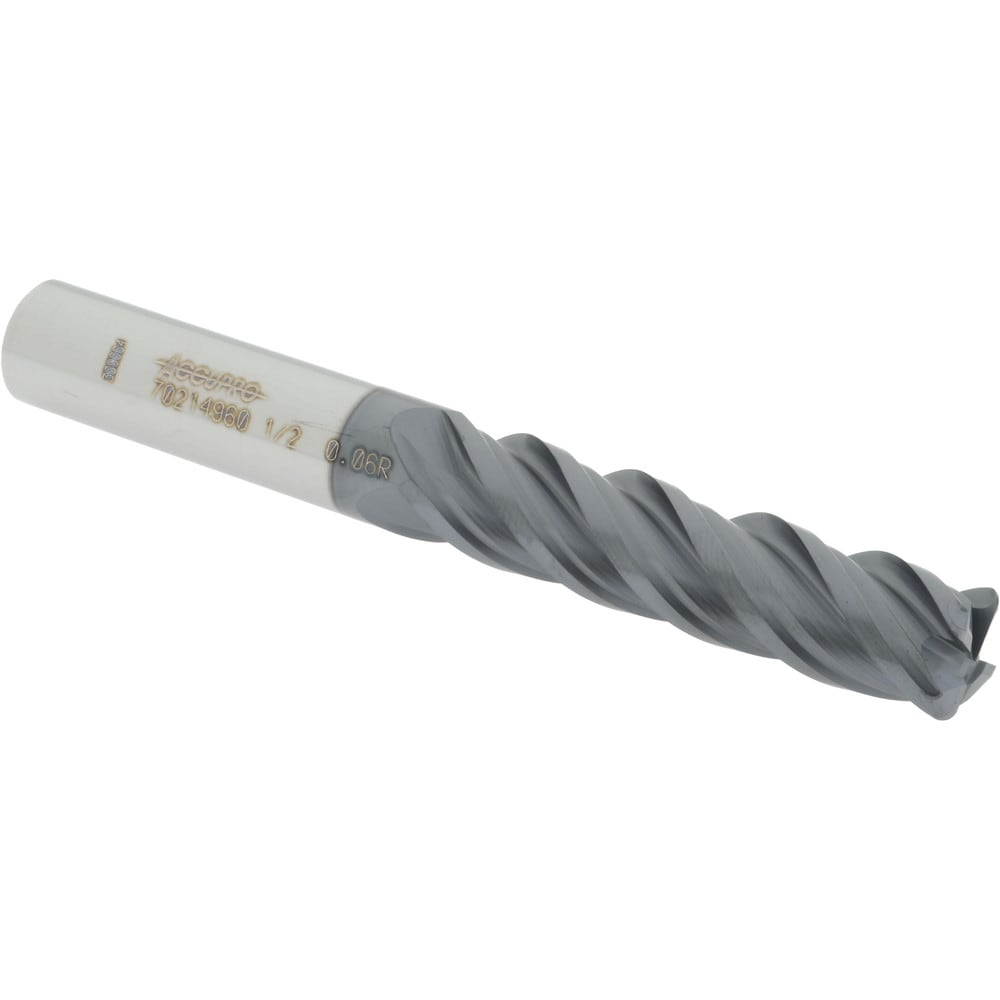 Accupro 12180638 Corner Radius End Mill: 1/2" Dia, 2" LOC, 0.06" Radius, 4 Flutes, Solid Carbide 