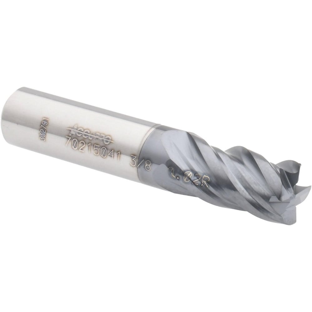 Accupro 12180568 Corner Radius End Mill: 3/8" Dia, 5/8" LOC, 0.02" Radius, 4 Flutes, Solid Carbide 