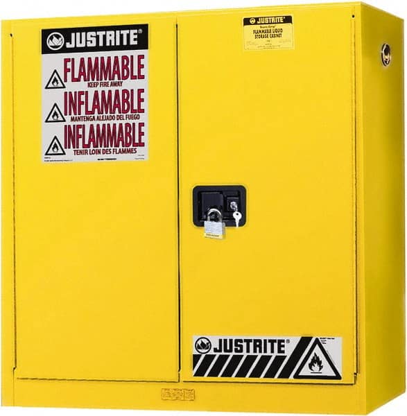 Justrite. 893400 Flammable & Hazardous Storage Cabinets: 20 gal Drum, 2 Door, 3 Shelf, Manual Closing, Yellow 