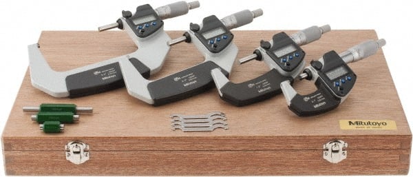 Mitutoyo 293-961-30 0 to 4" Range, 0.001mm Resolution, IP65, 4 Piece Electronic Outside Micrometer Sets 