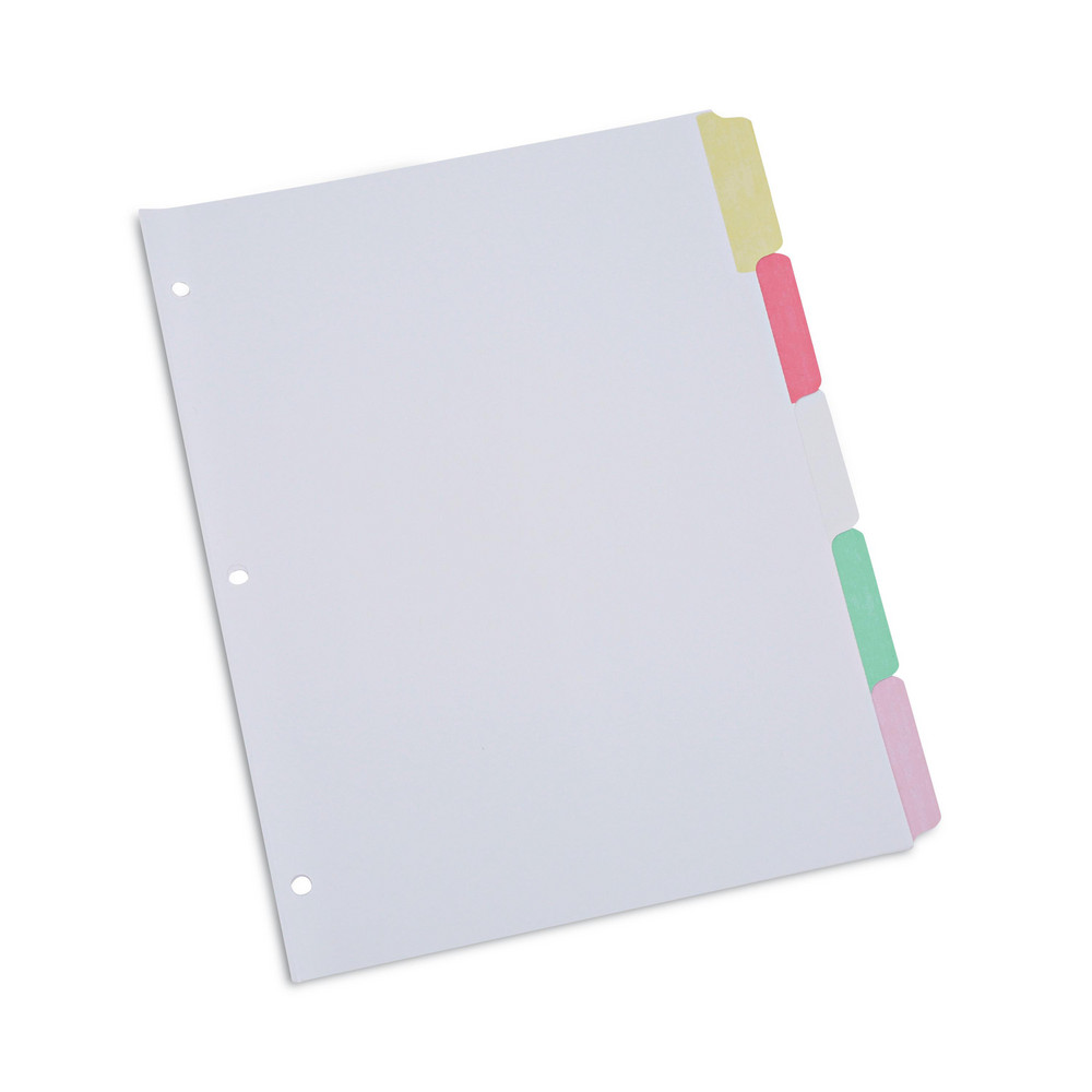 8-1/2 x 11" 5 Tabs, Clear Reinforced Binder Holes, Write on Erasable Tab Indexes - Multicolor Tabs, White Folder