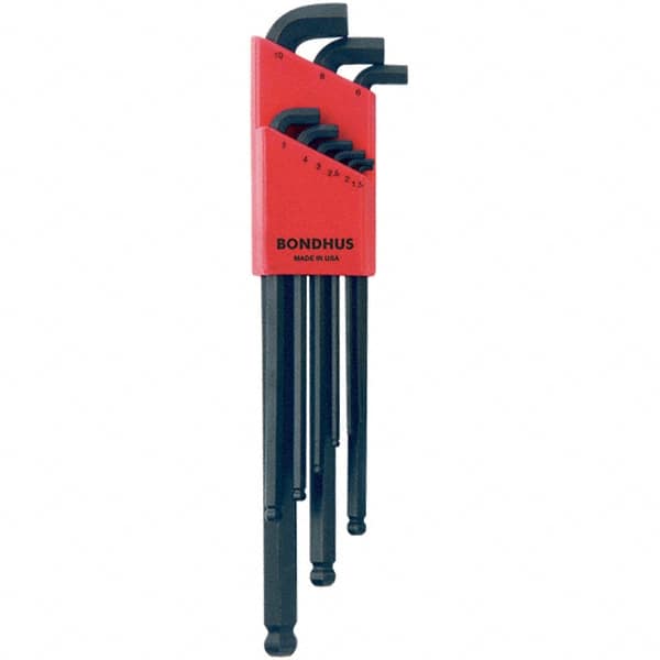 Bondhus 16599 Hex Key Sets; Ball End: Yes ; Hex Size: 1.5 - 10 in ; Hex Size Range (mm): 1.5 - 10 ; Material: Steel ; Arm Style: Long ; Metric Hex Sizes: 1.5, 2, 2.5, 3, 4, 5, 6, 8, 10 
