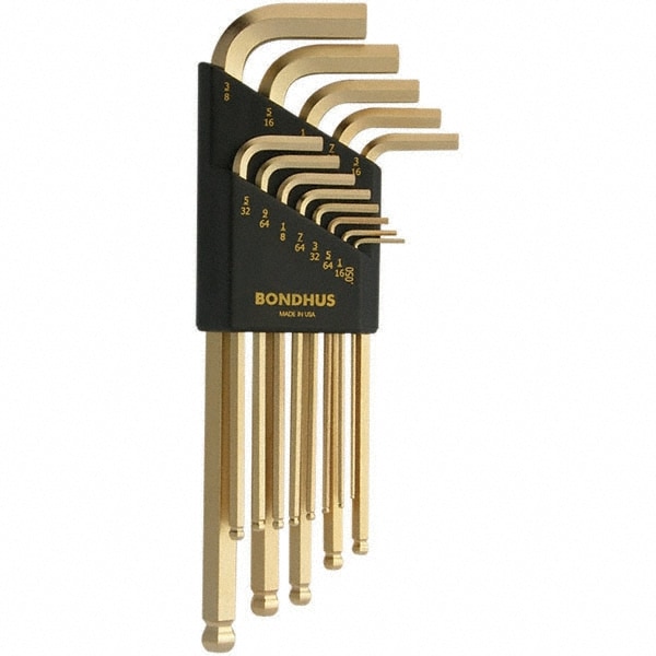 Bondhus 37937 Hex Key Sets; Ball End: Yes ; Hex Size: 0.05 in; 1/16 in; 1/4 in; 1/8 in; 3/16 in; 3/32 in; 3/8 in; 5/16 in; 5/32 in; 5/64 in; 7/32 in; 7/64 in; 9/64 in ; Hex Size Range (Inch): 0.050 - 3/8 ; Material: Steel Image