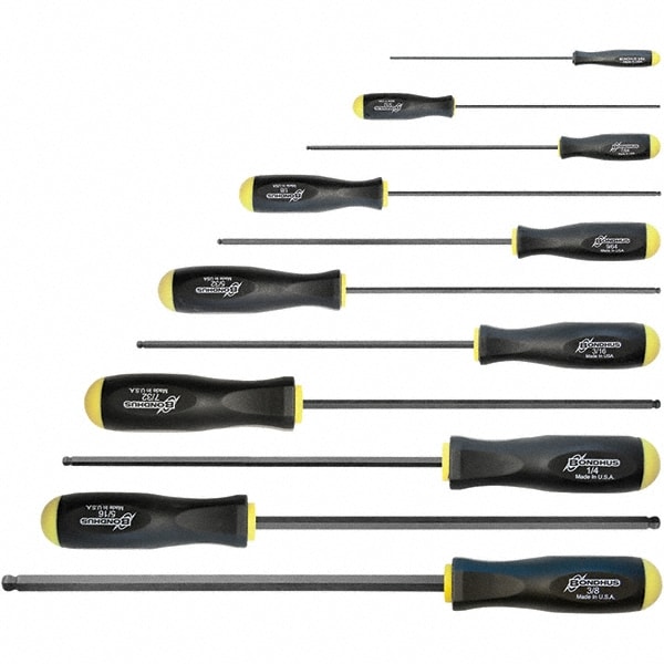 Bondhus 10737 Hex Driver Sets; Ball End: Yes ; Hex Size: 1/4 in; 1/8 in; 3/16 in; 3/32 in; 3/8 in; 5/16 in; 5/32 in; 5/64 in; 7/32 in; 7/64 in; 9/64 in ; Includes: 5/64, 3/32, 7/64, 1/8, 9/64, 5/32, 3/16, 7/32, 1/4, 5/16, 3/8 in Screwdrivers ; Features: Non-Slip Grip 