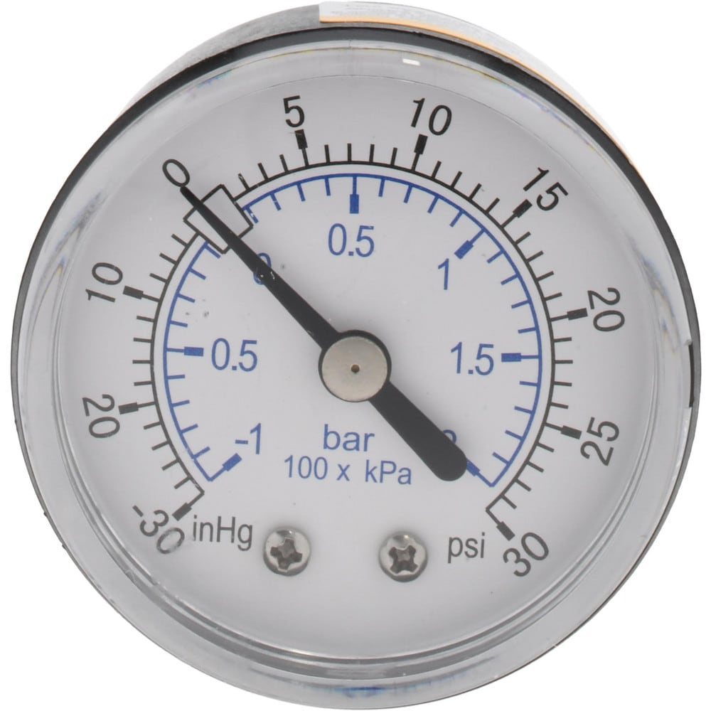 Pressure Gauge: 2" Dial, 30 psi, 1/4" Thread, NPT, Center Back Mount