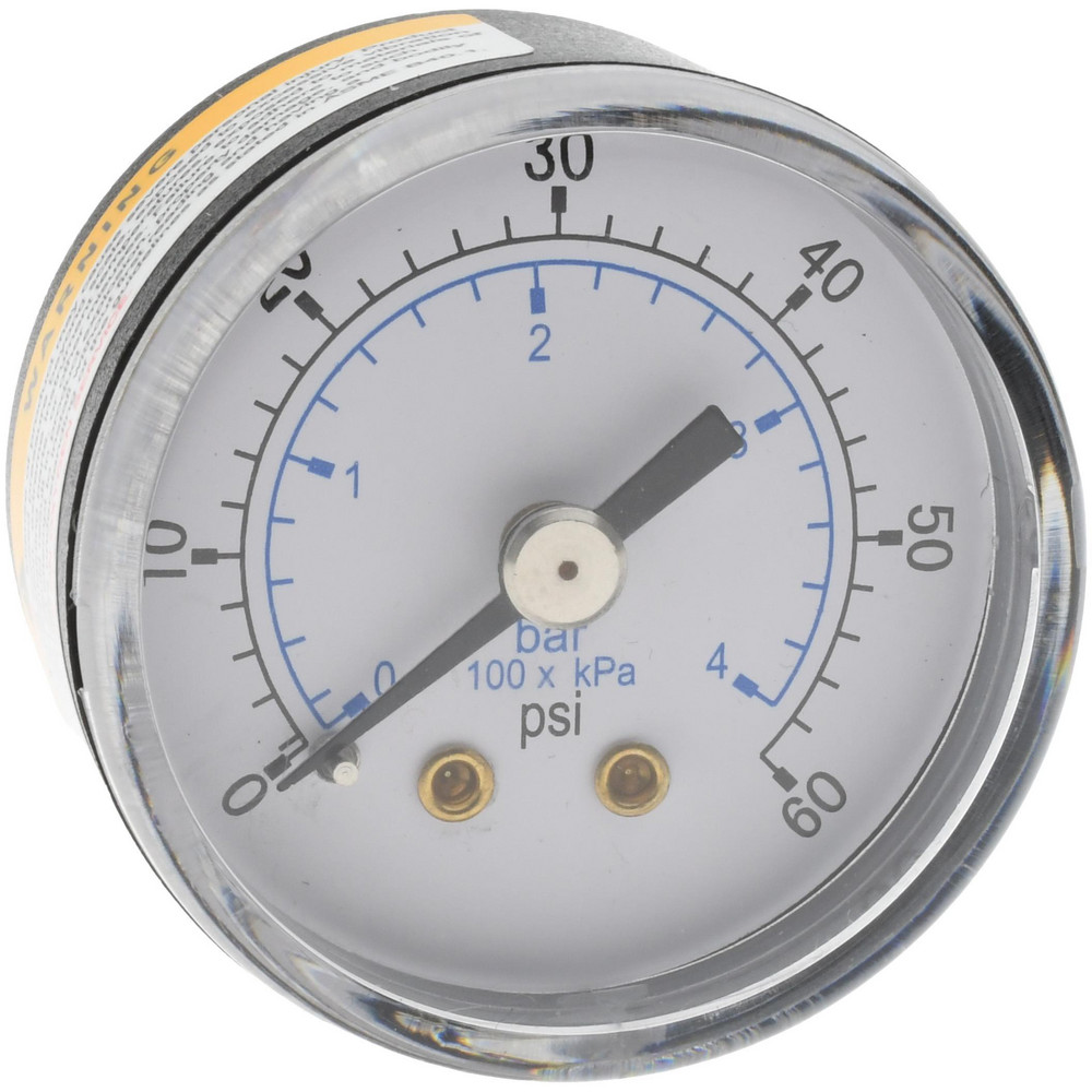 Pressure Gauge: 1-1/2" Dial, 60 psi, 1/8" Thread, NPT, Center Back Mount
