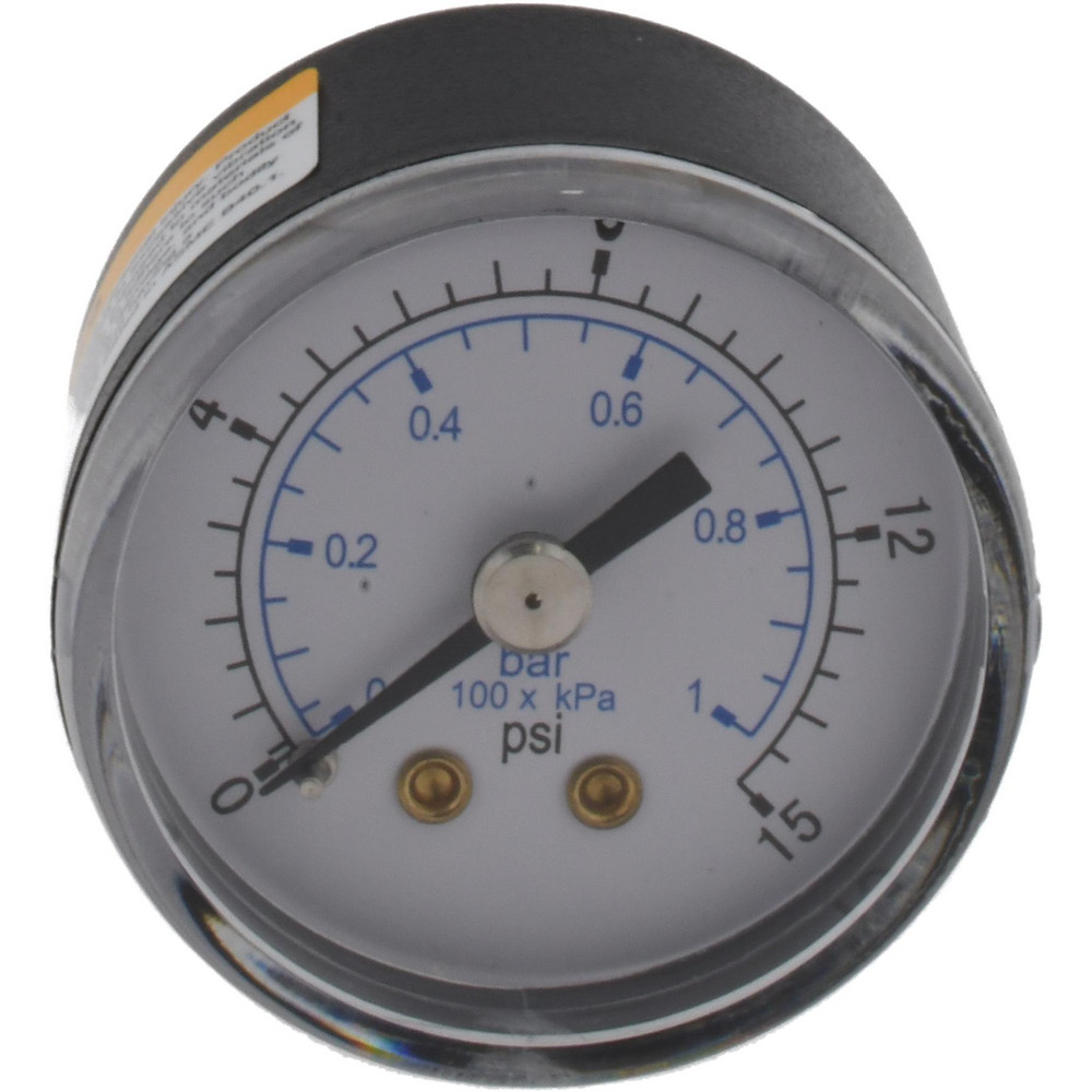 Pressure Gauge: 1-1/2" Dial, 15 psi, 1/8" Thread, NPT, Center Back Mount