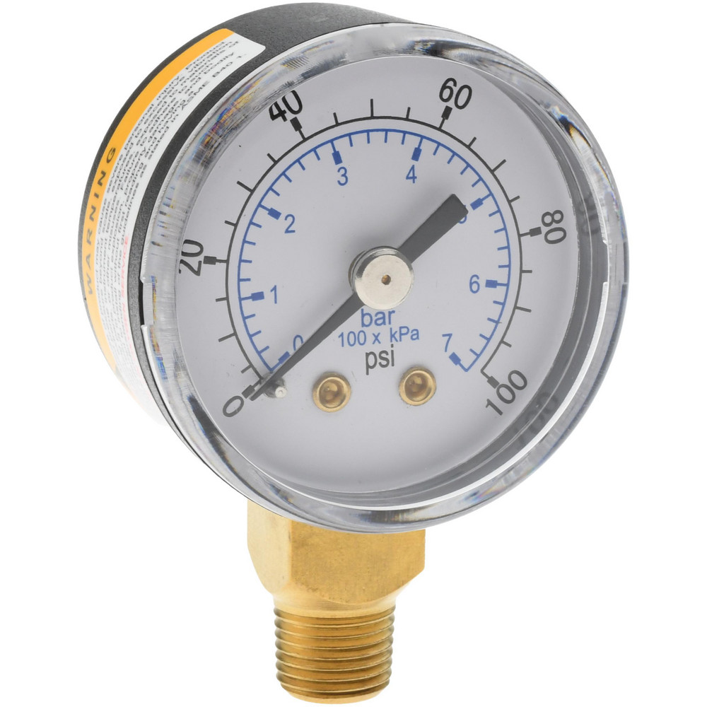 Pressure Gauge: 1-1/2" Dial, 100 psi, 1/8" Thread, NPT, Lower Mount