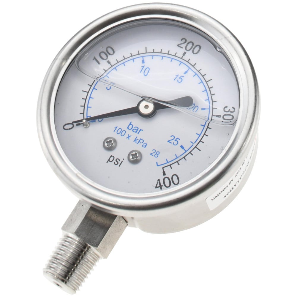 Pressure Gauge: 2-1/2" Dial, 400 psi, 1/4" Thread, NPT, Lower Mount