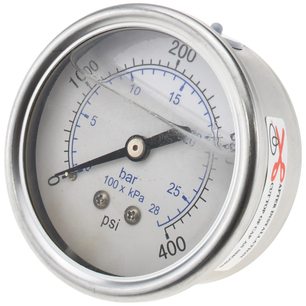 Pressure Gauge: 2-1/2" Dial, 400 psi, 1/4" Thread, NPT, Center Back Mount