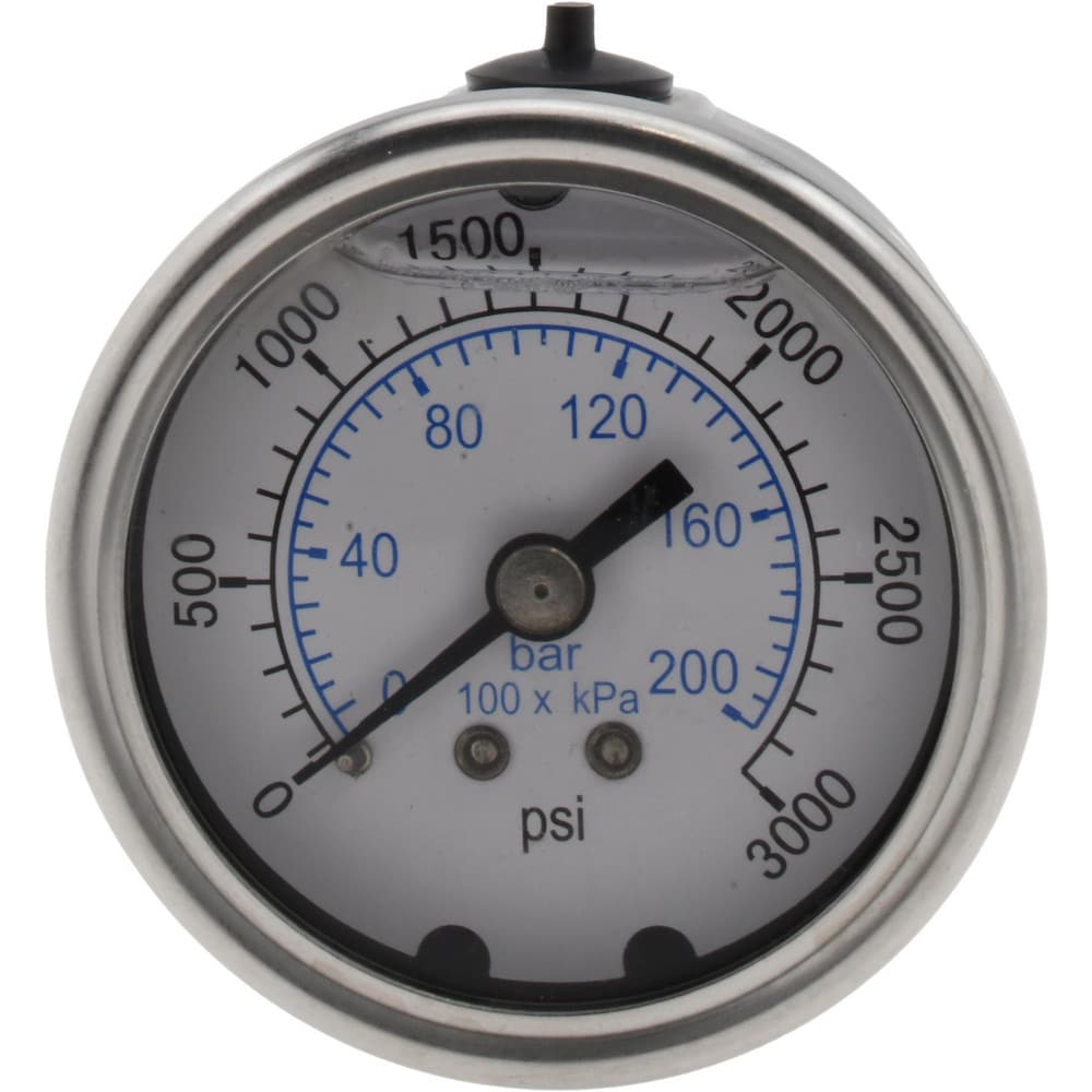 Pressure Gauge: 2" Dial, 3,000 psi, 1/4" Thread, NPT, Center Back Mount