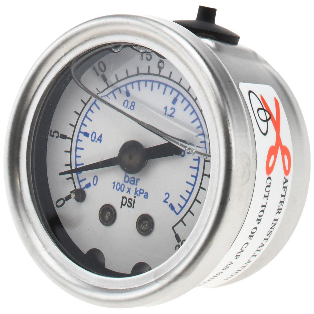 Pressure Gauge: 1-1/2" Dial, 30 psi, 1/8" Thread, NPT, Center Back Mount