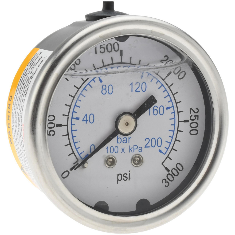 Pressure Gauge: 2" Dial, 3,000 psi, 1/4" Thread, NPT, Center Back Mount